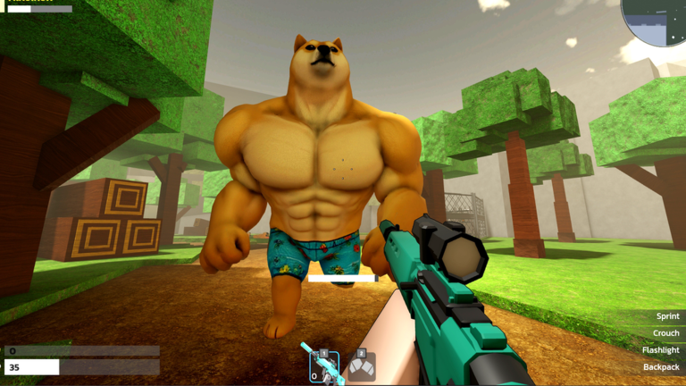 A first-person view of a giant muscular Shiba standing in the dog world, towering over the player's weapon in Plunder