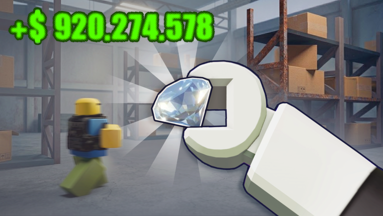 A player walks a warehouse aisle lined with shelves and boxes while carrying a valuable gem in Plunder