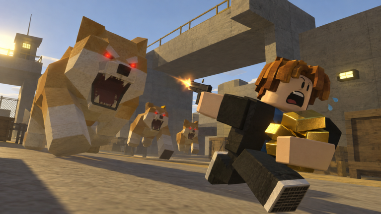 A Roblox player sprints away carrying gold bars while a giant snarling dog with glowing red eyes and two more dogs chase him through a fenced compound.