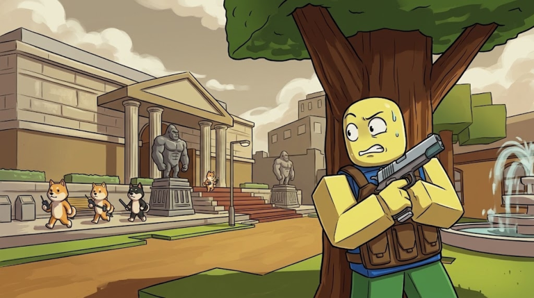A nervous Roblox player armed with a pistol hides behind a tree while three armed dog guards patrol the grounds of a mansion with gorilla statues and a fountain.